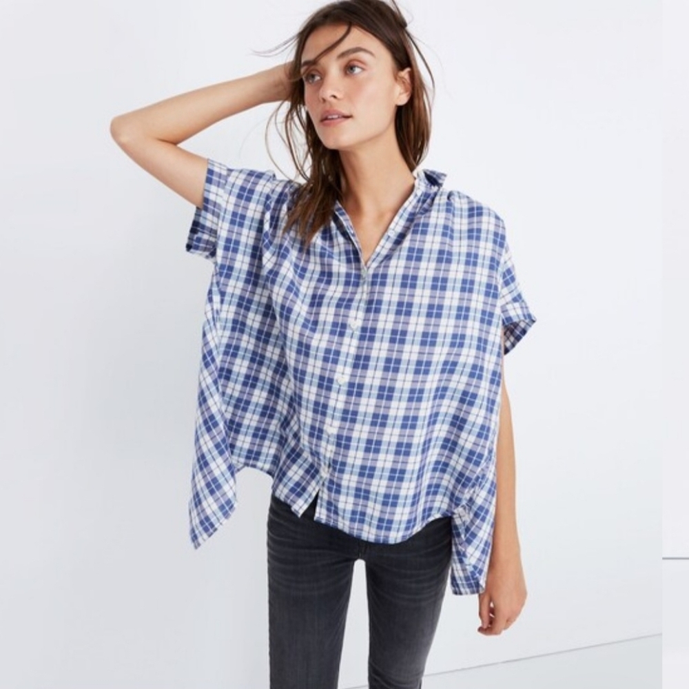 Madewell Open Back Central Shirt Blue Plaid Button Front Oversized Fit Cotton XS